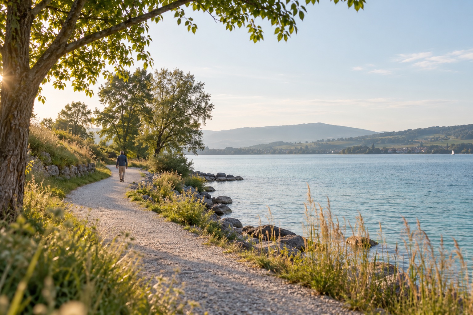 Une promenade paisible sur un sentier au bord d’un lac, illustration du plaisir de bouger.